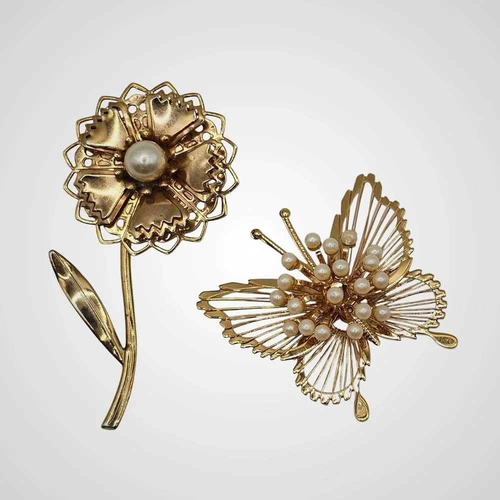 Vtg Brooch Lot 2pc Gold Tone Faux Pearl Statement 2.5